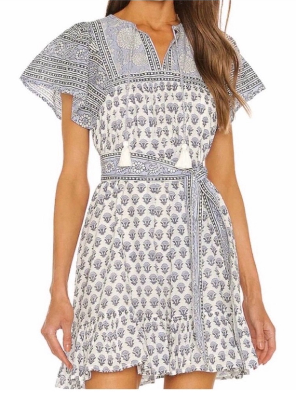 Cleobella Blue & White Printed Tie-Waist Mini Dress XS Excellent Condition
